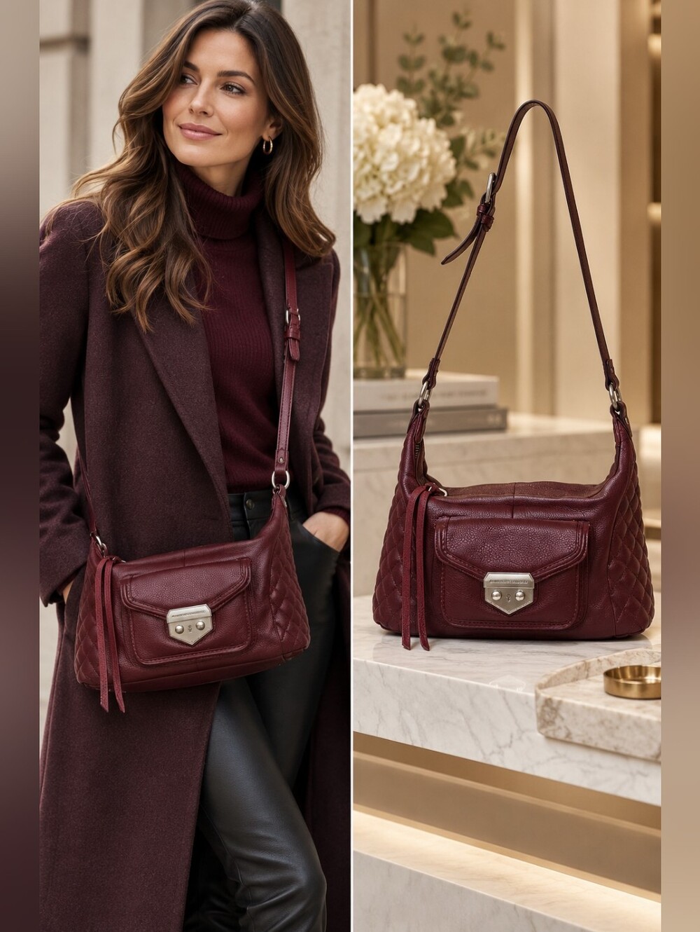 Aimee Kestenberg Genuine Leather Burgundy Quilted Crossbody Shoulder Bag